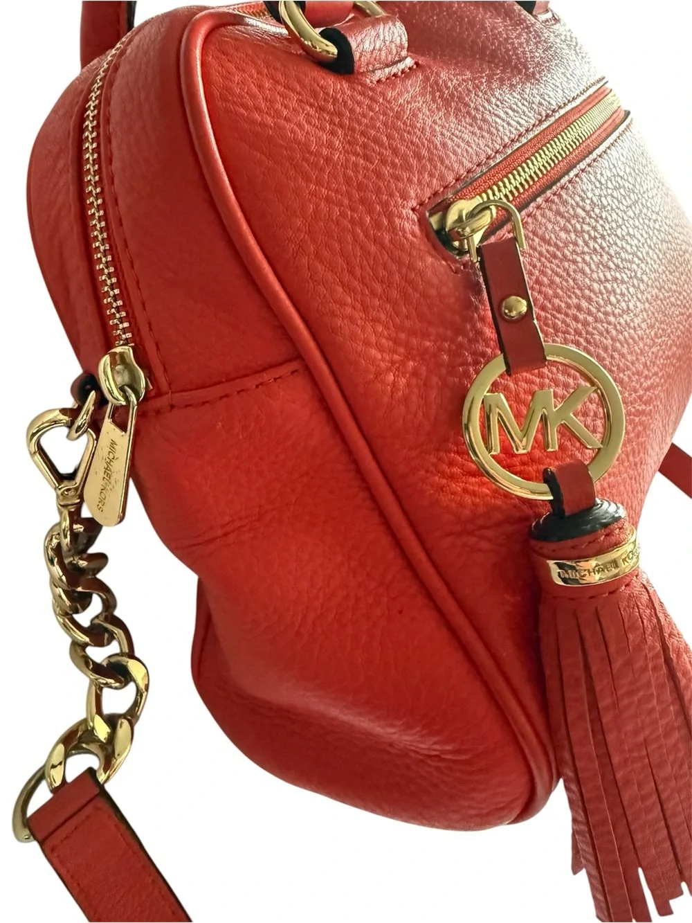 Michael Kors Red Pebbled Leather Knox Satchel Crossbody Gold Chain Tassel Charm - Picture 6 of 8